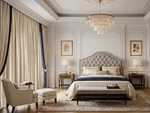 Classic bedroom suite with chandelier and tufted headboard