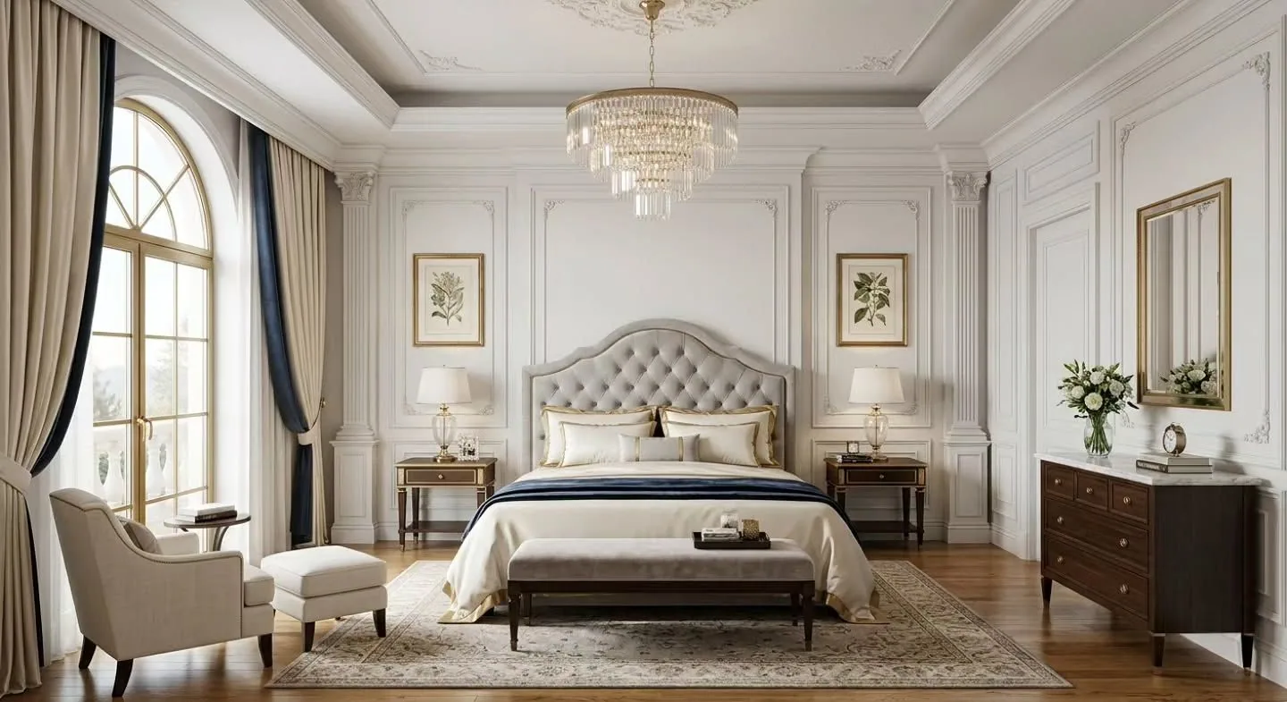 Neo-classical master bedroom with crystal chandelier and panelled walls