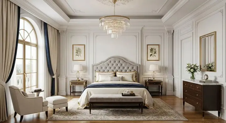 Neo-classical master bedroom with crystal chandelier and panelled walls