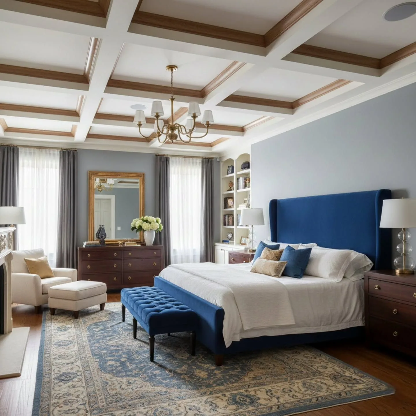 Neo-classical bedroom with navy velvet headboard and coffered ceiling