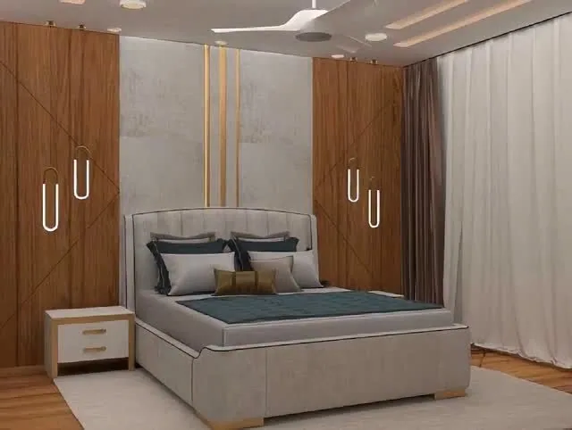 Contemporary bedroom with walnut panelling and brass inlays