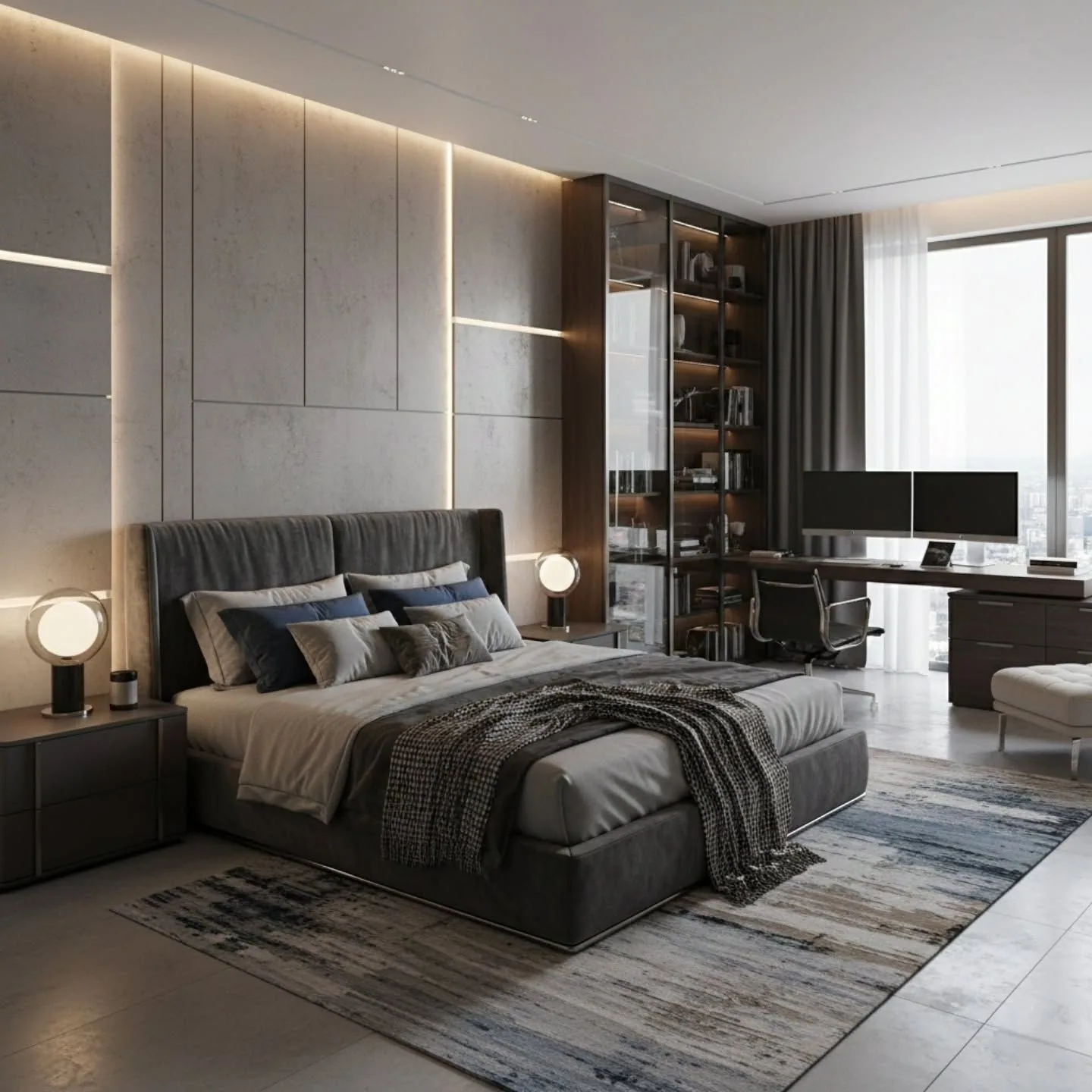 Modern master suite with an integrated workspace